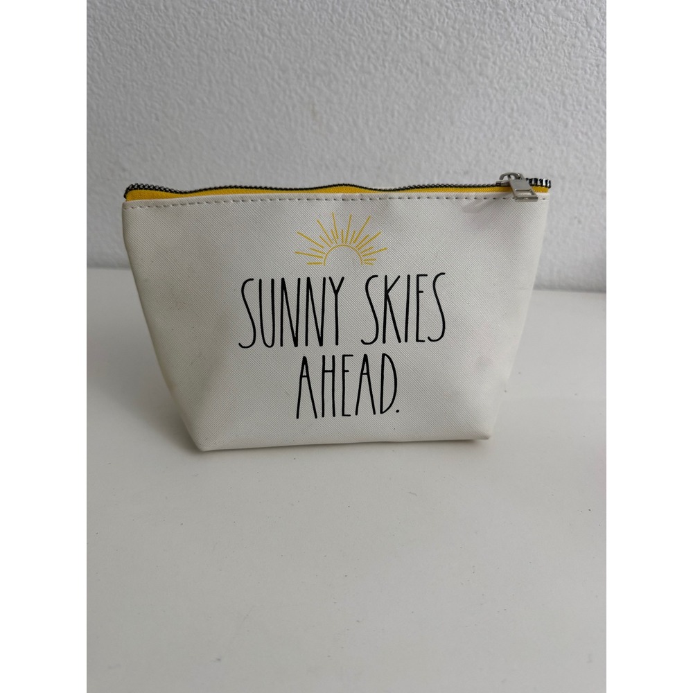 Rae Dunn Sunny Skies Ahead‎ Makeup Bag White Yellow Zipper Pouch Cosmetic Travel